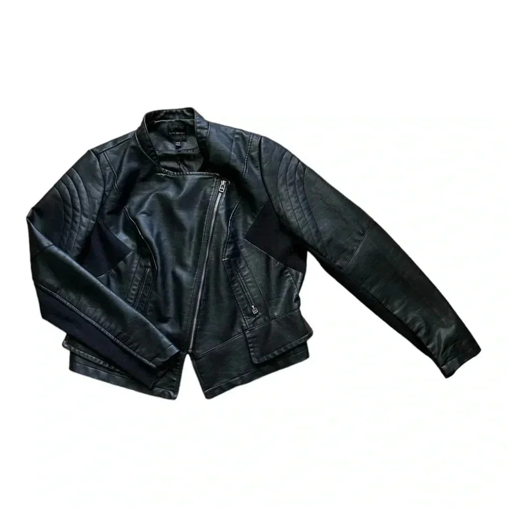 LANE BRYANT Black Faux Leather Moto Jacket Asymmetric Zip w/ Pockets 14/16 - Picture 2 of 9